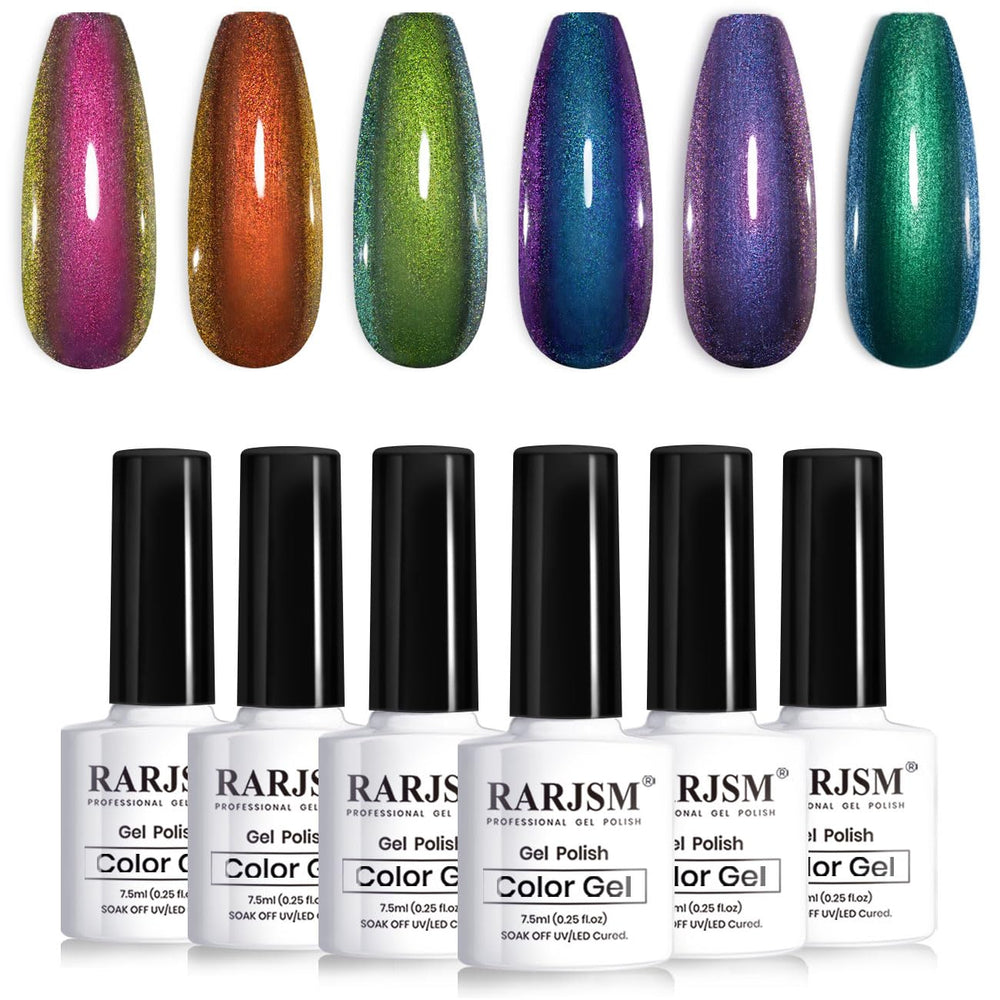 Vernis gel chameleon RARJSM, flacon bleu et violet, effet multichrome captivant sur ongles.