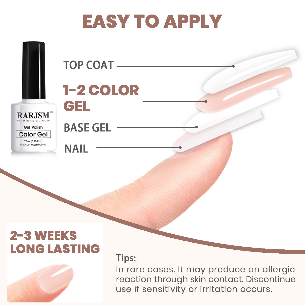 Vernis gel couleur peau RARJSM Translucide idéale pour une manucure naturelle.