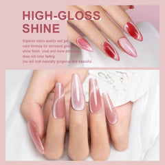 Vernis gel effet œil de chat RARJSM rose pailleté pour un fini lumineux.
