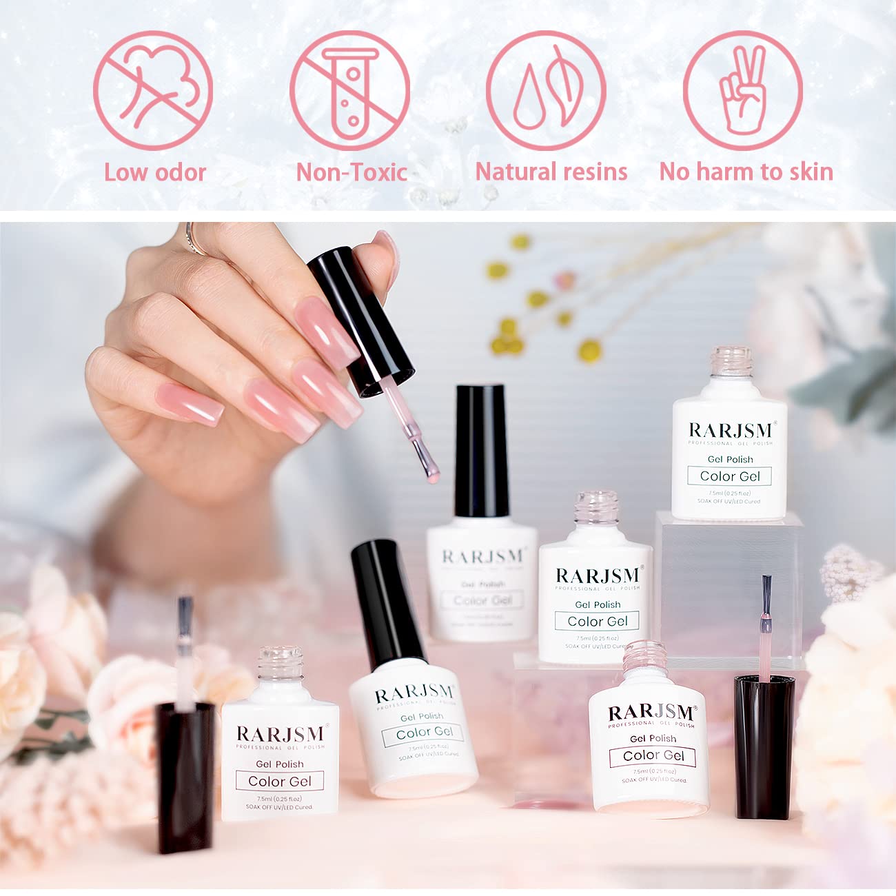 Vernis gel RARJSM Icy Jelly rose clair translucide, fini discret.