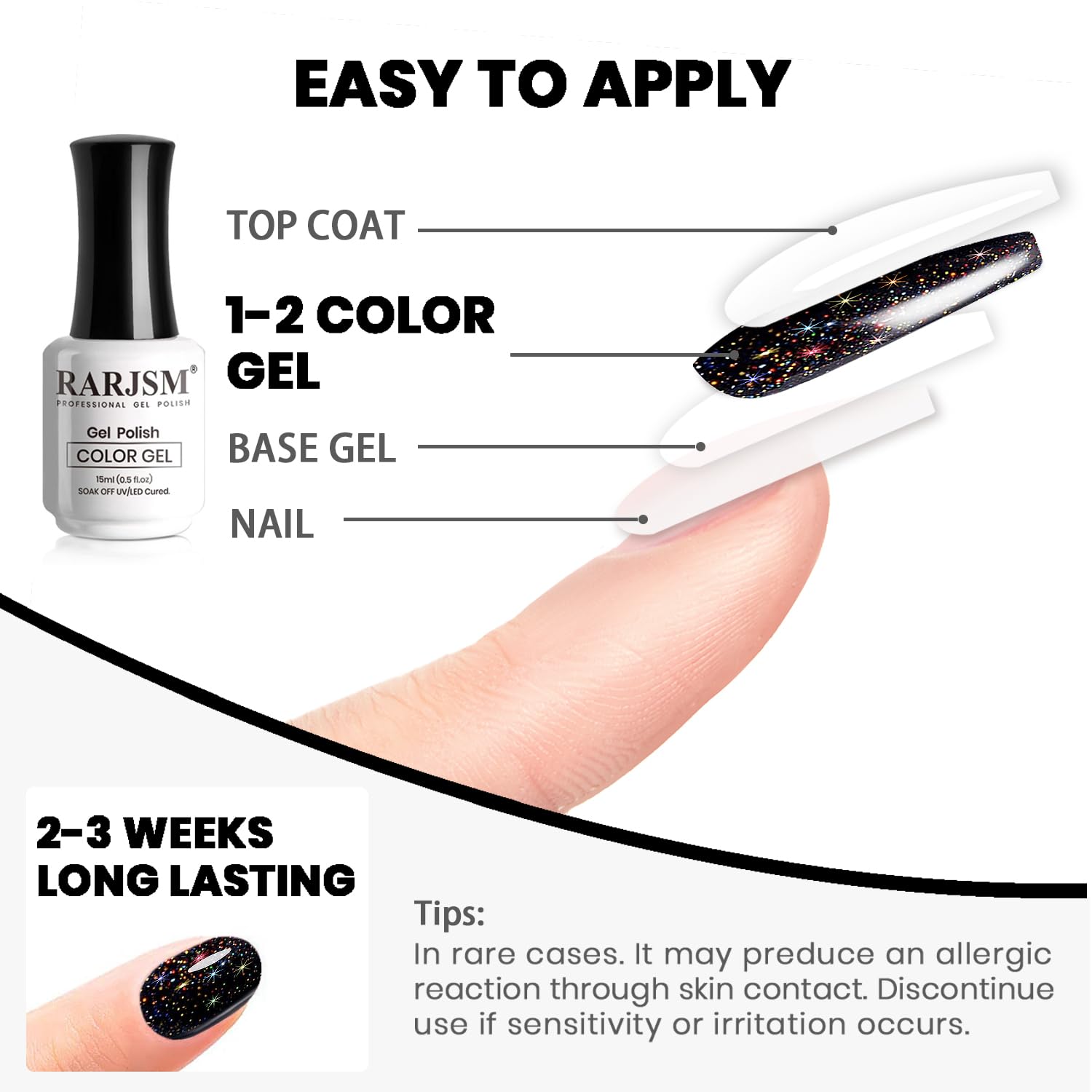 RARJSM Vernis Gel Noir Brillance Étincelante, couvre facilement et reste longtemps.
