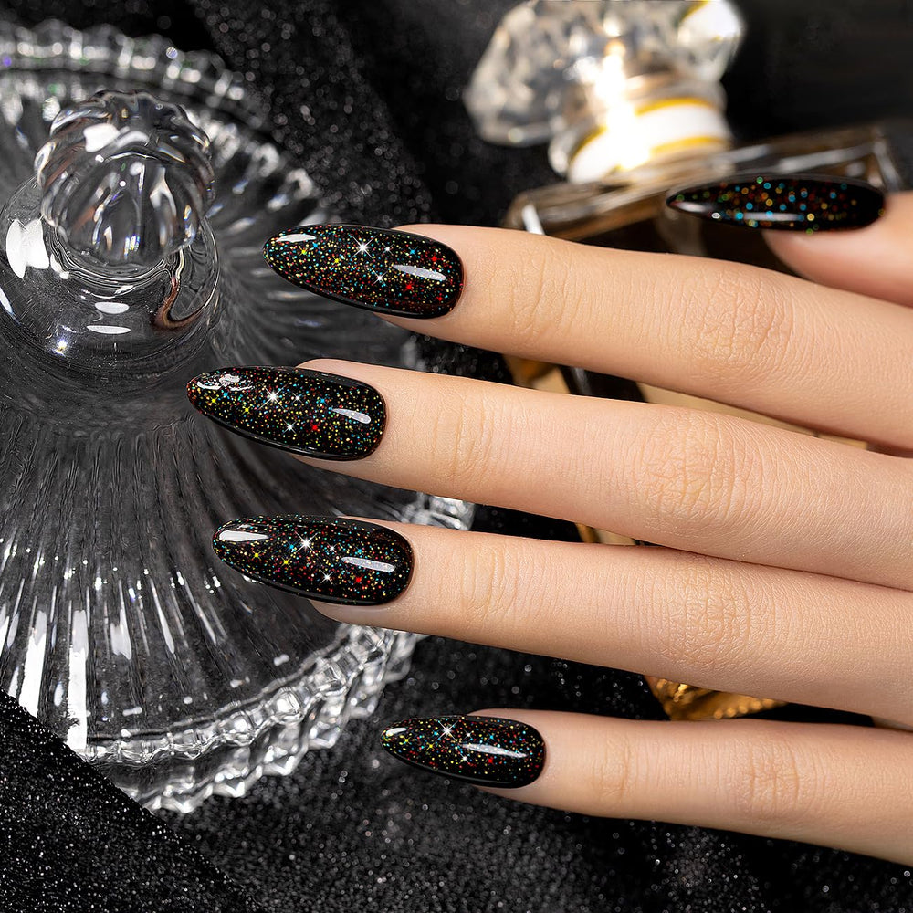 RARJSM Vernis Gel Noir Reflets Irisés Arc-en-Ciel, fini étincelant sur ongles.