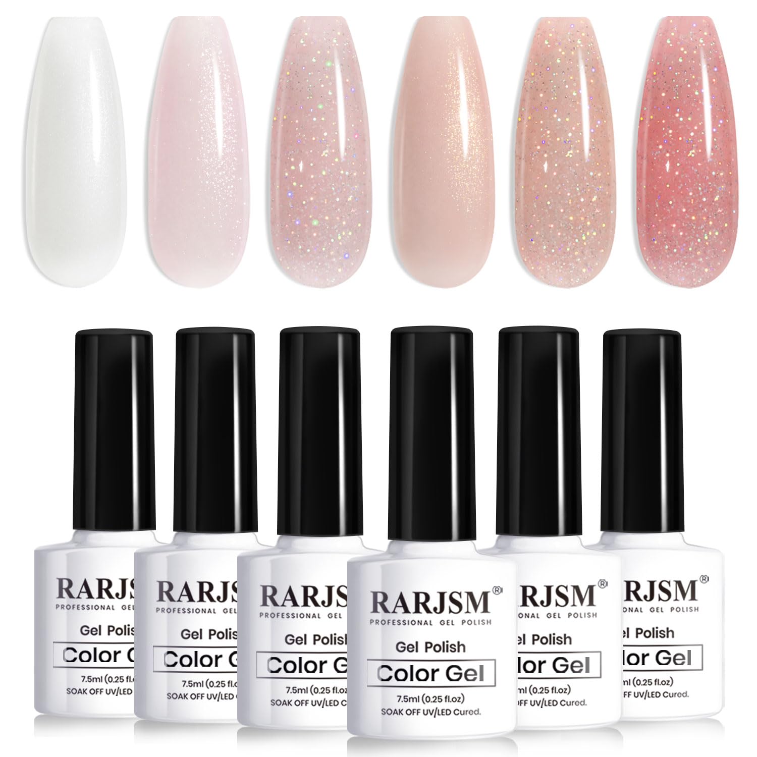 Vernis gel nude RARJSM avec paillettes sur bouteilles.