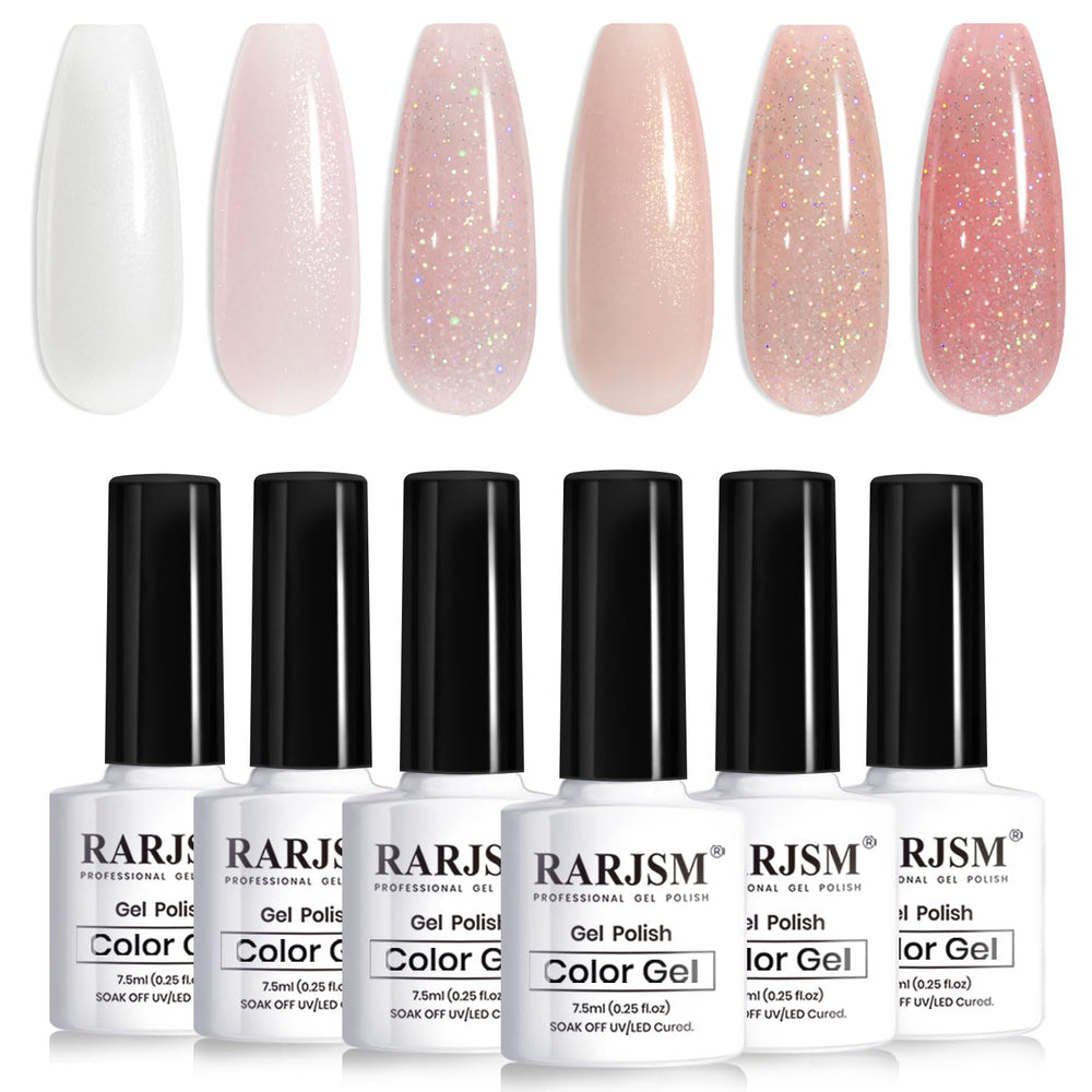 Vernis gel nude RARJSM avec paillettes sur bouteilles.