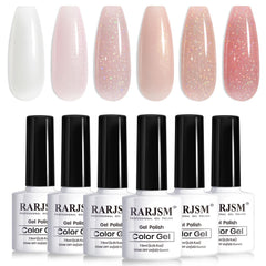 Vernis gel nude RARJSM avec paillettes sur bouteilles.