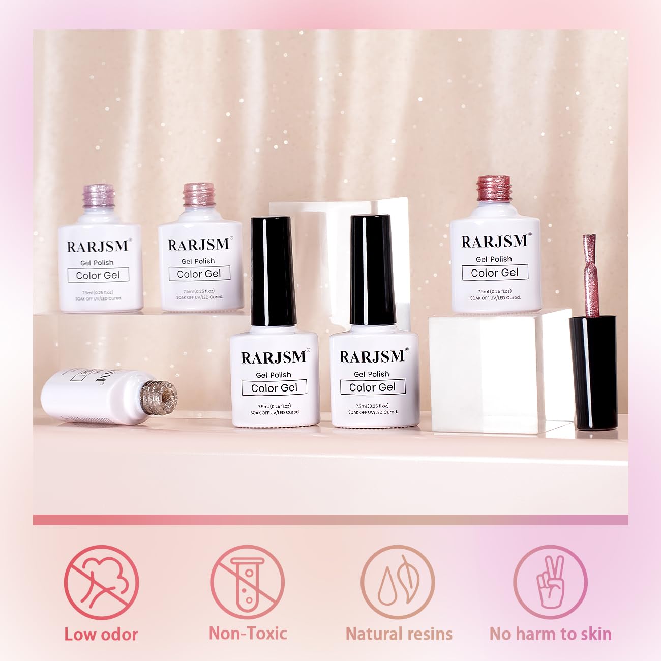 Vernis gel RARJSM teinte nude translucide pour effet naturel.