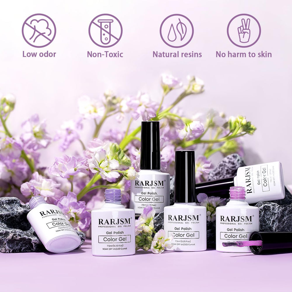 Vernis nude violet translucide avec paillettes miroitées, idéal pour des teintes discrètes et lumineuses