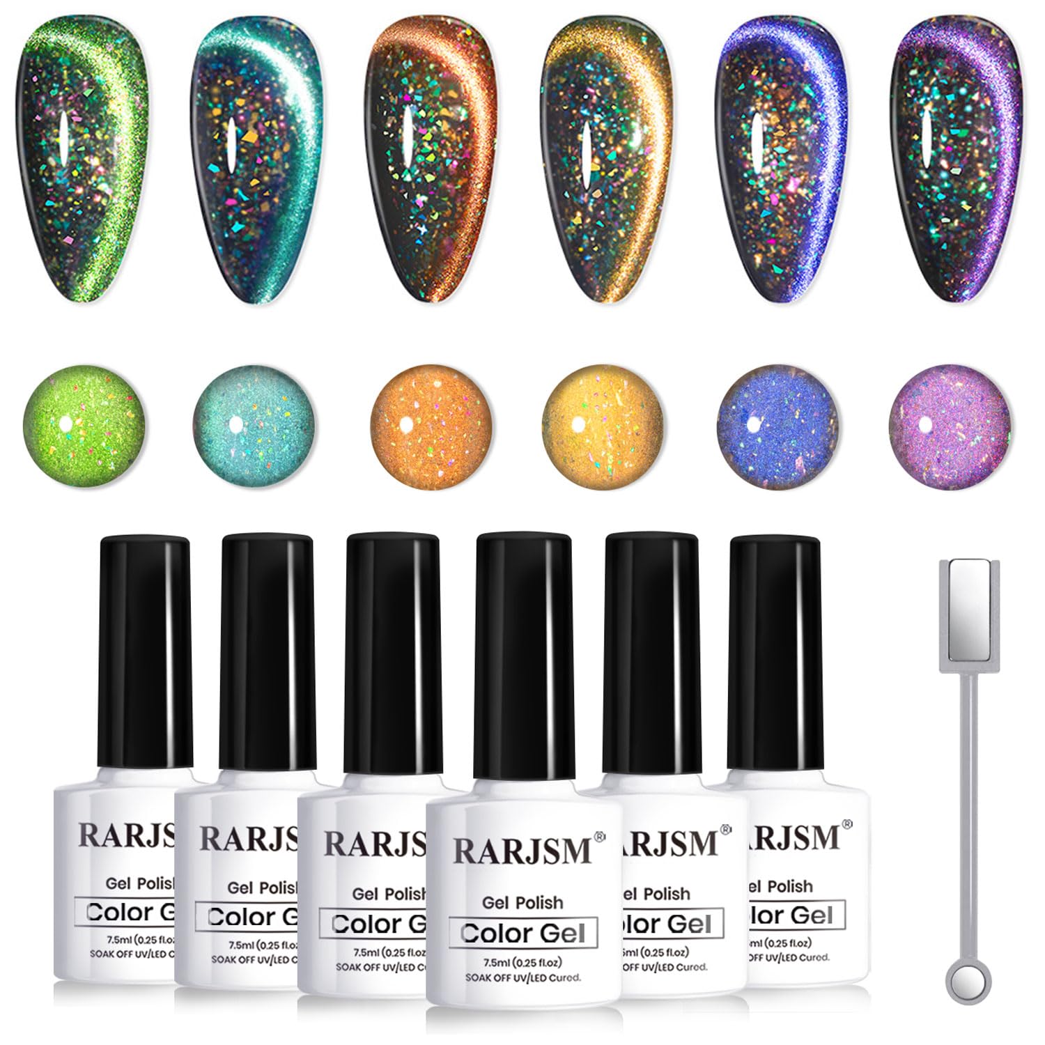 RARJSM Vernis gel œil-de-chat arc-en-ciel sur bouteilles paon, fini holographique captivant.