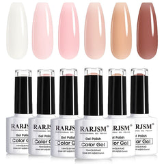 Vernis gel RARJSM rose clair gelée pour une manucure naturelle et lumineuse.