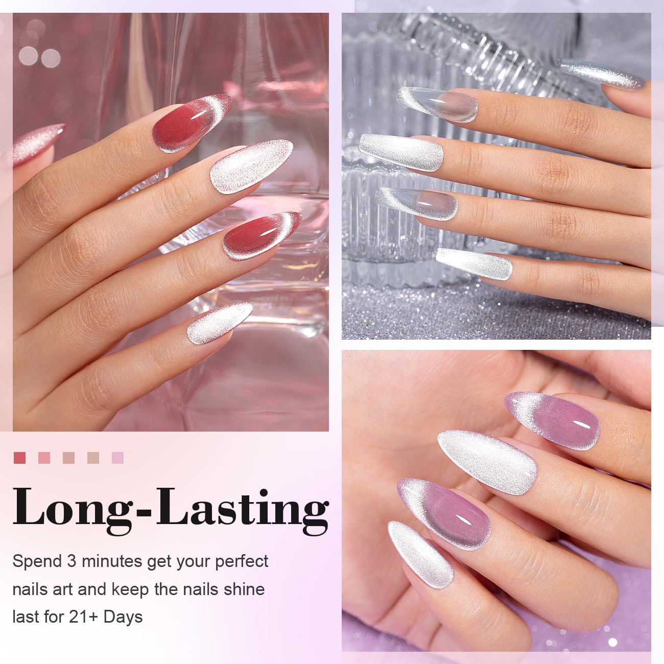 Vernis gel RARJSM rose pâle et violet clair pour des ongles doux.
