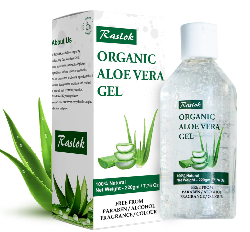 Raslok Gel d'Aloe Vera dans une bouteille, hydratation naturelle pour visage et cheveux.