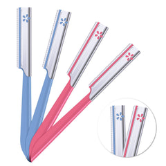 Rasoirs sourcils femme avec capot protecteur rose et bleu, sécurité accrue.