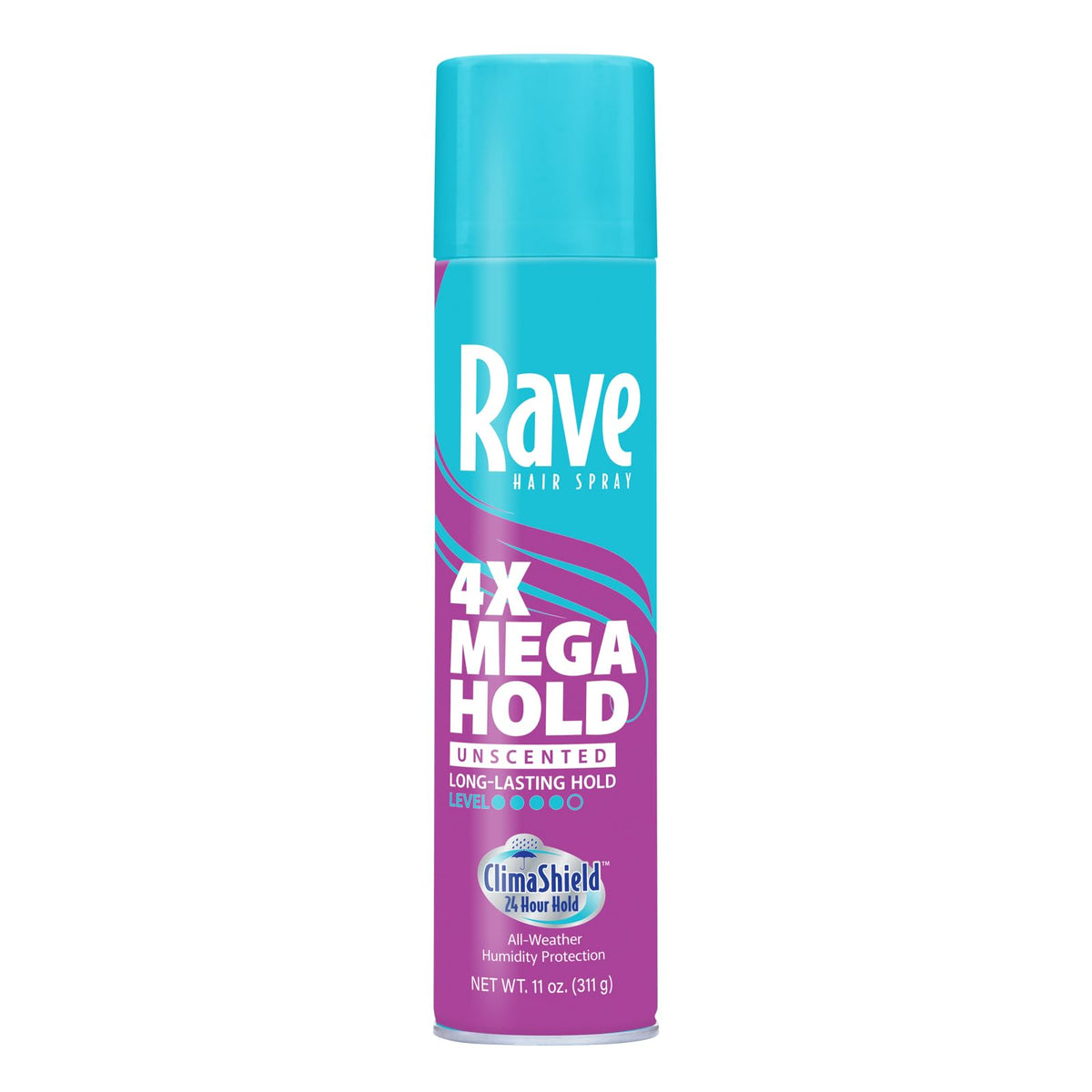Rave 4X Mega inodore Aerosol - fixation durable et anti-humidité pour cheveux.