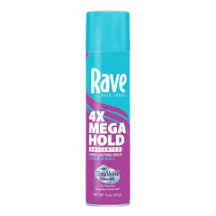 Rave 4X Mega inodore Aerosol - fixation durable et anti-humidité pour cheveux.