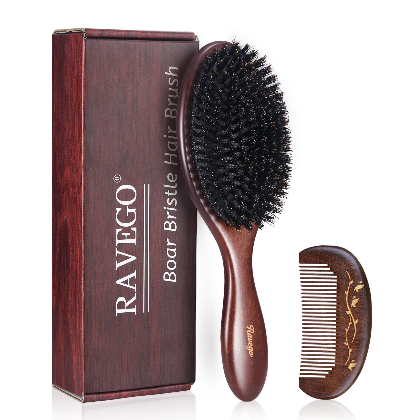 Brosse RAVEGO à poils de sanglier, brillance naturelle et huiles réparties.