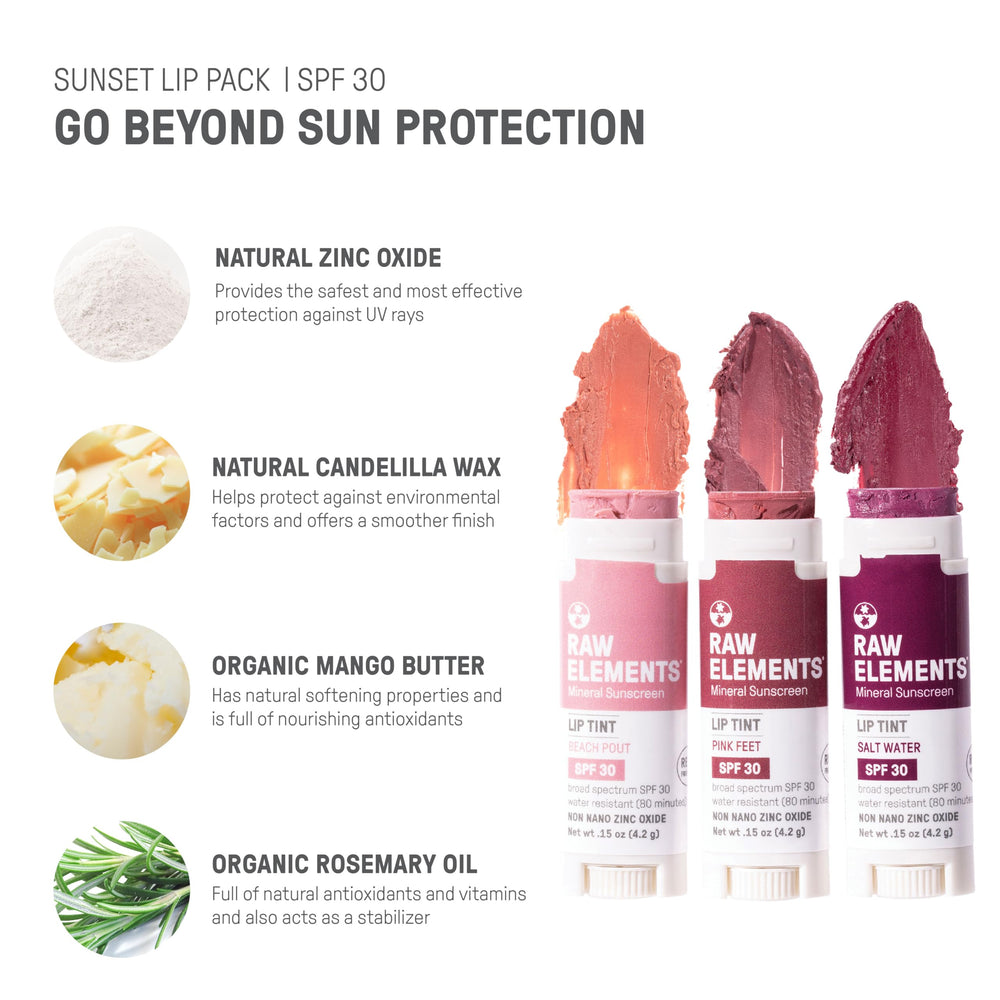 Raw Elements exfoliating lip care with organic sugar for smooth lips.