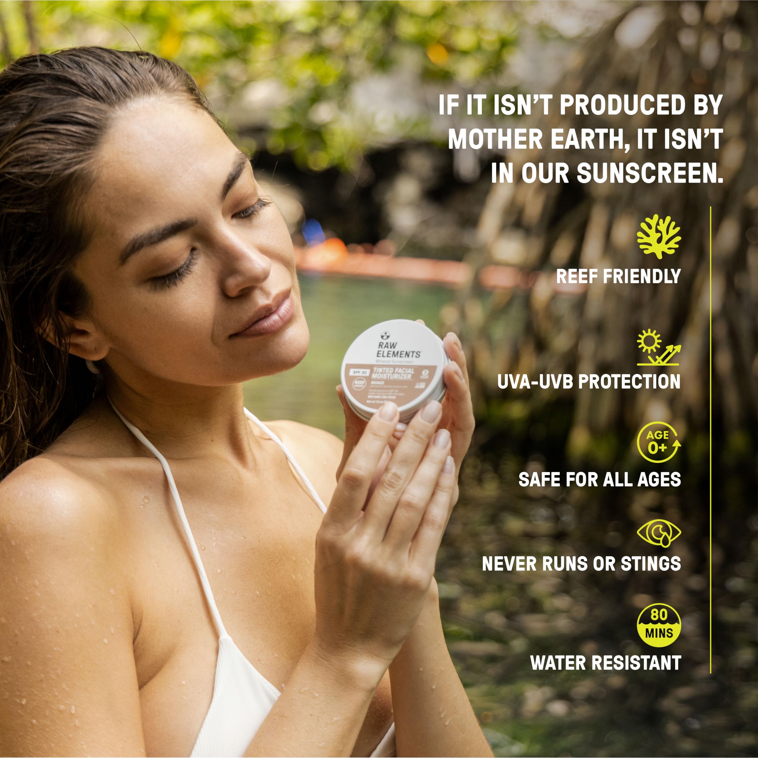 Raw Elements SPF 30 label on bottle highlights mineral sunscreen protection.