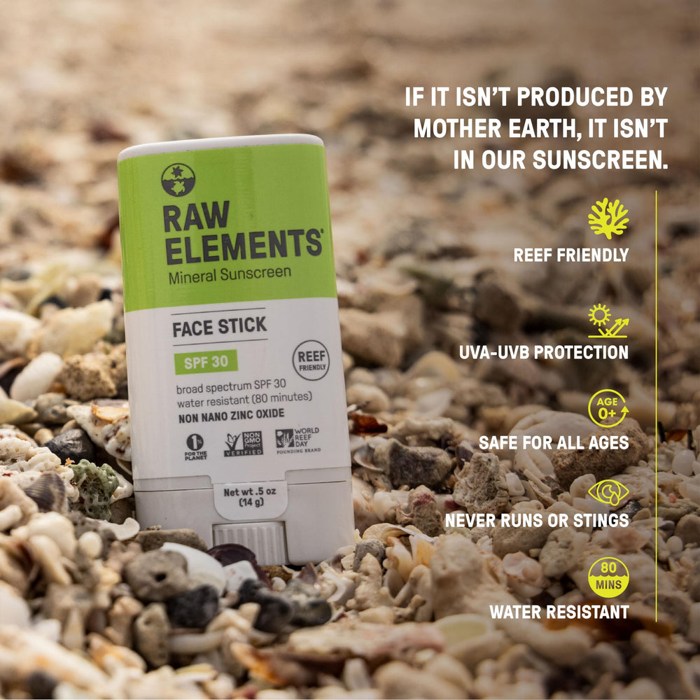 Raw Elements Stick Visage Solaire – résistance à l'eau pour activités nautiques, tenue longue durée.
