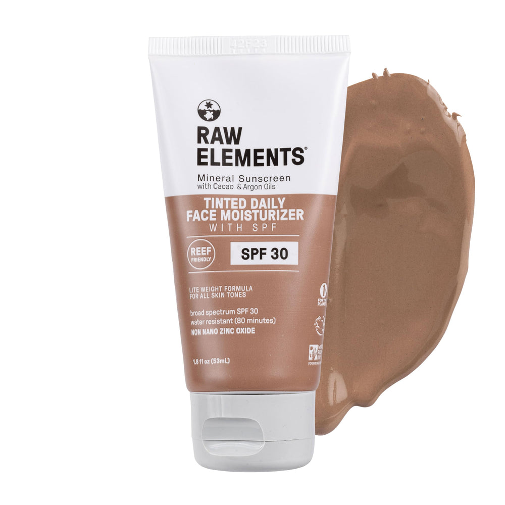 Raw Elements – teinte visage SPF 30 dans tube bio-résine pour protection légère.