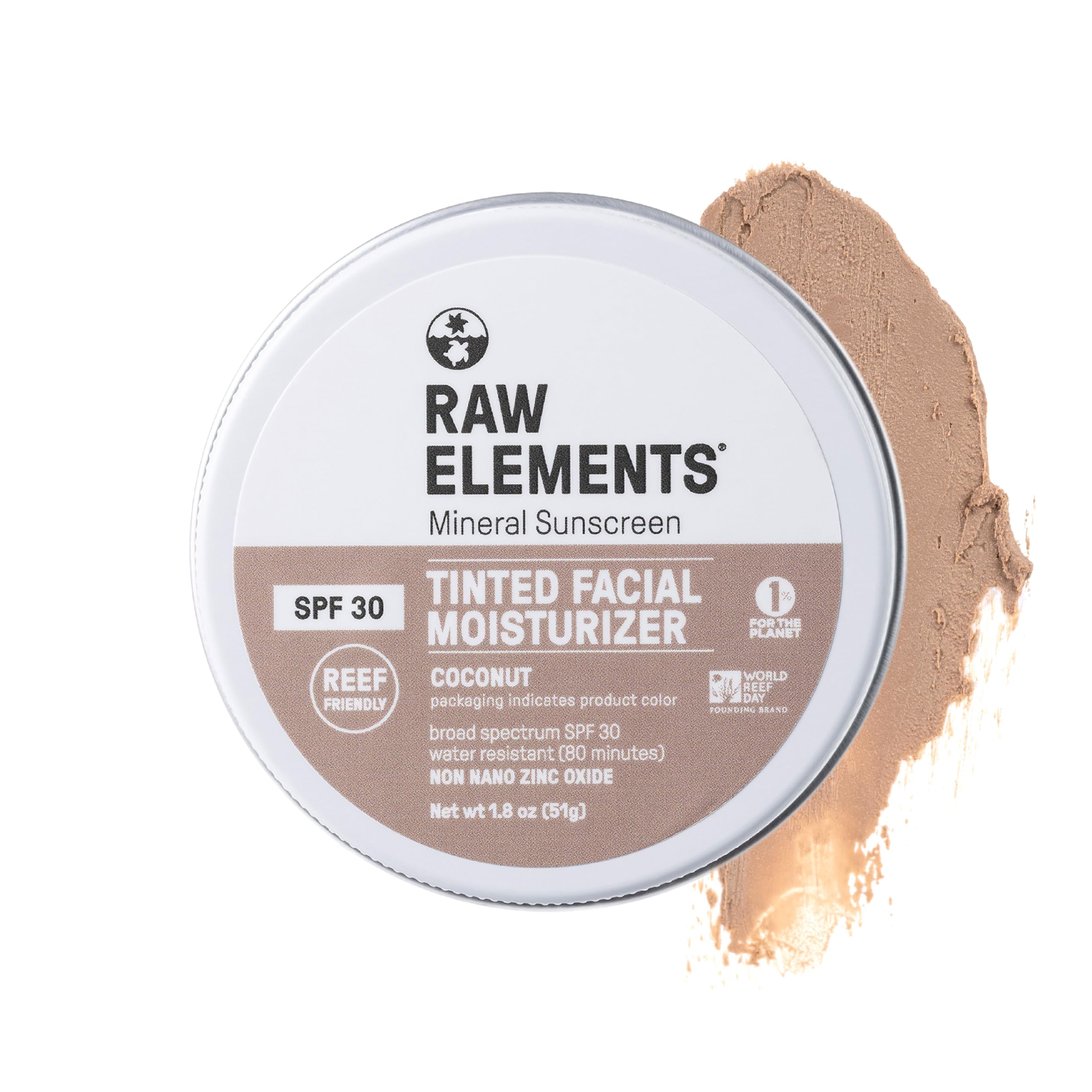 Raw Elements ultra-moisturizing tinted face cream bottle with SPF 30 for daily protection.