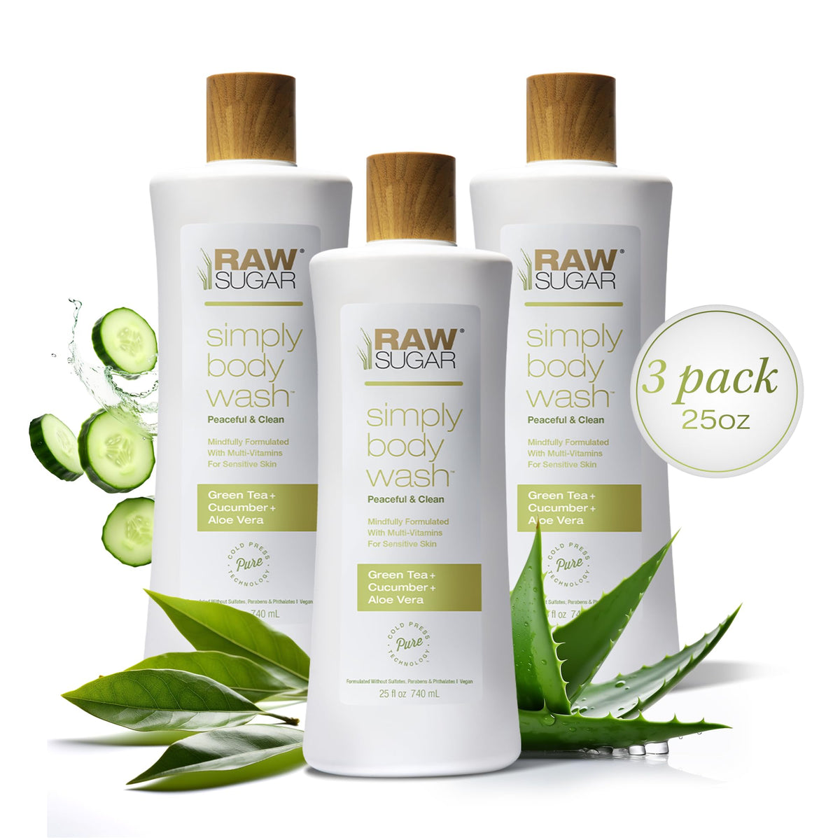RAW SUGAR : Bouteille pompe du gel douche doux au thé vert et aloe.