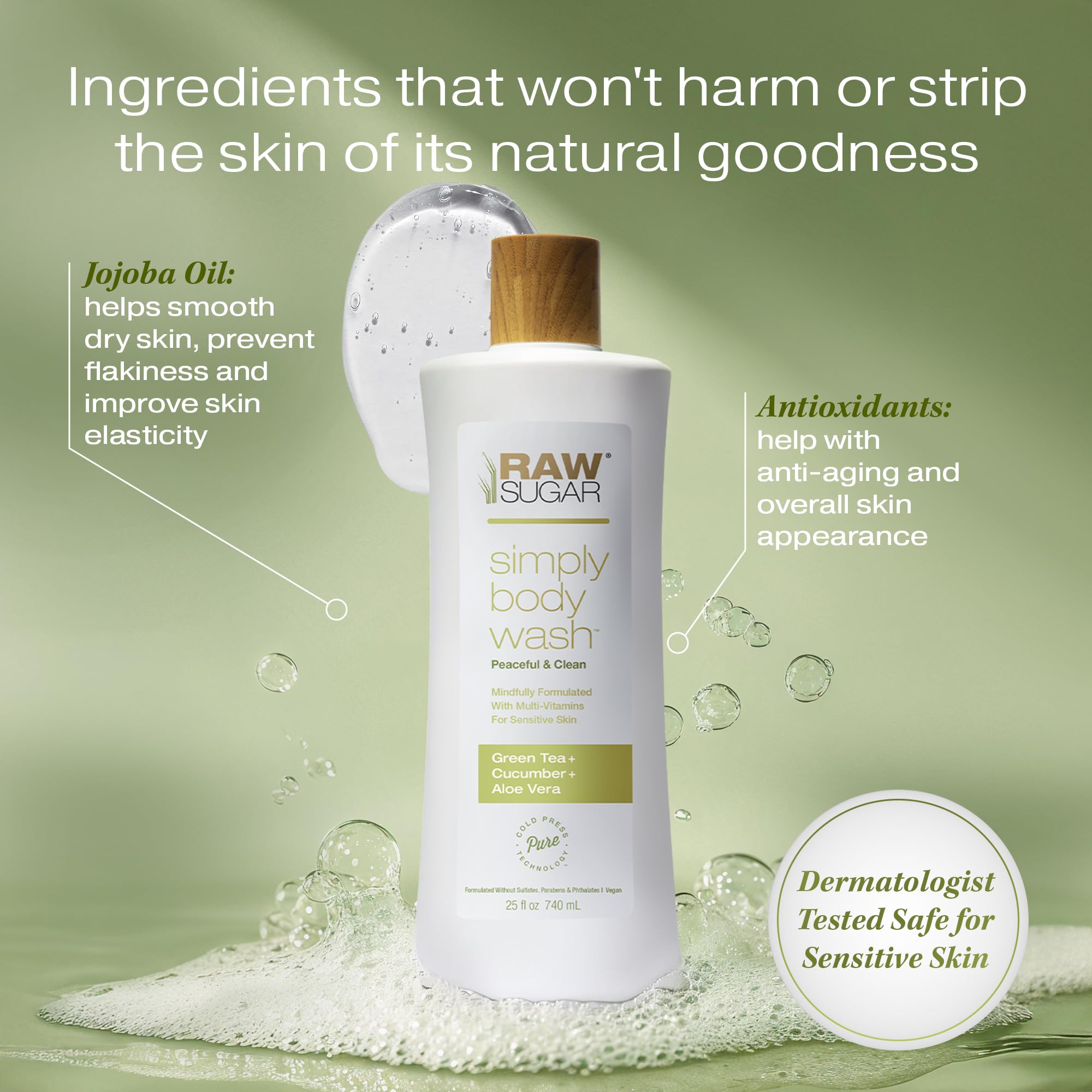 Formule douce RAW SUGAR adaptée aux peaux sensibles au thé vert aloe.