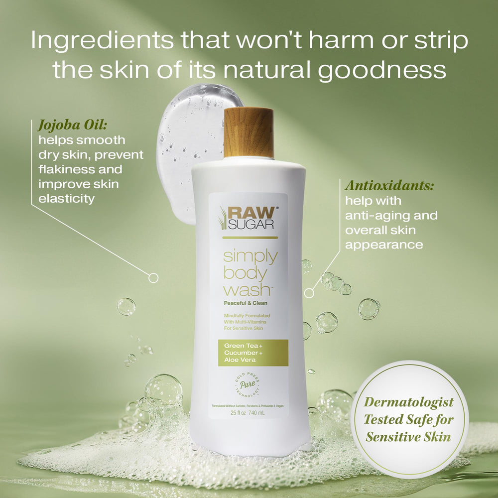 Formule douce RAW SUGAR adaptée aux peaux sensibles au thé vert aloe.