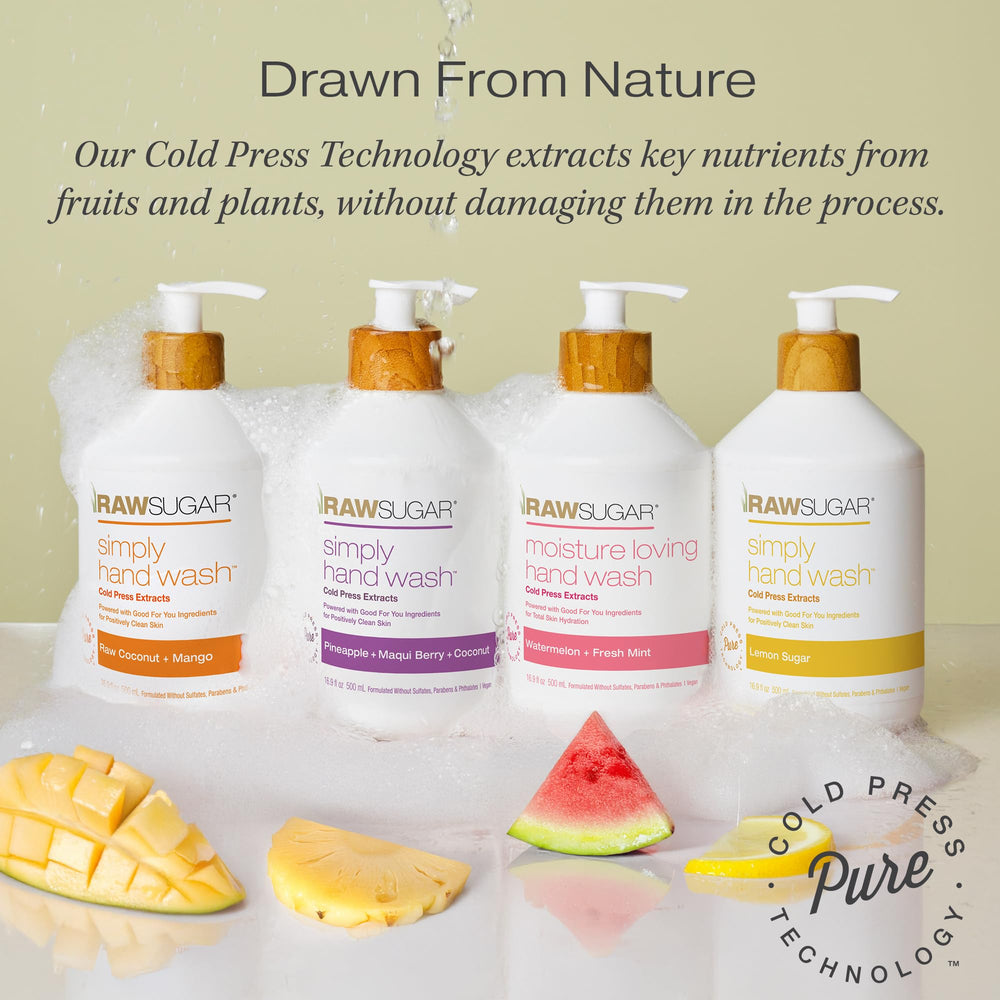 RAW SUGAR Lavage mains ingrédients-naturels: reflet d’extraits biologiques et vegan.