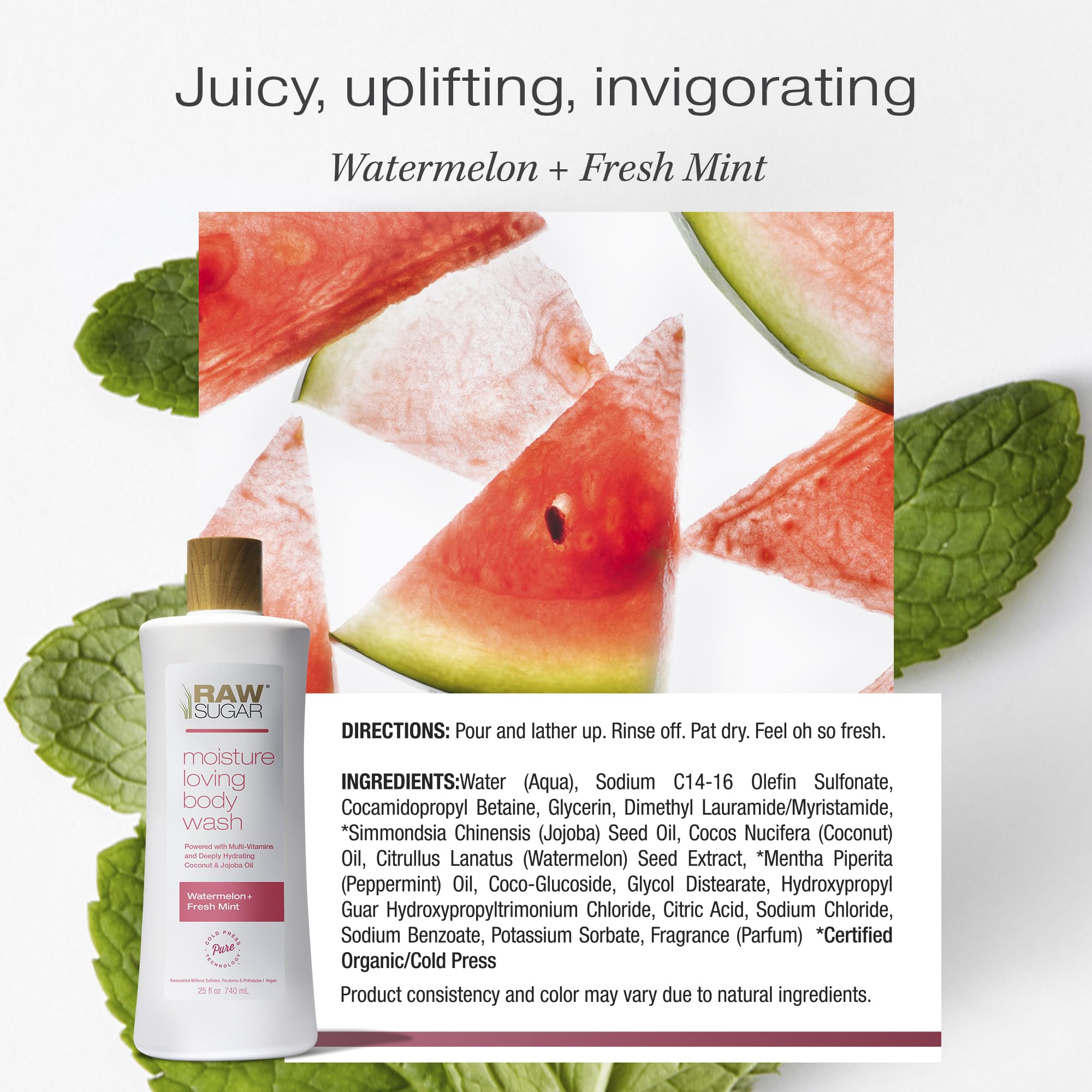 RAW SUGAR Simply Body Wash arôme sensoriel pastèque-menthe, rituel quotidien.