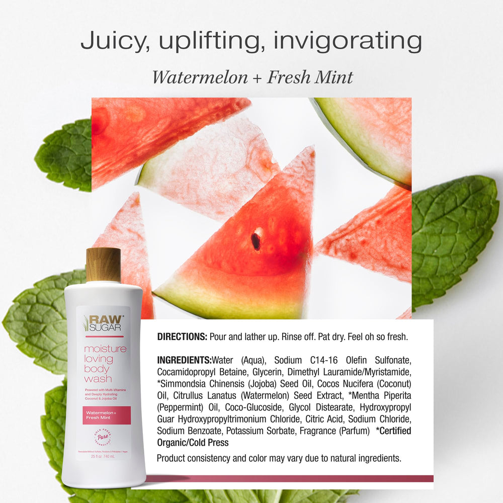 RAW SUGAR Simply Body Wash arôme sensoriel pastèque-menthe, rituel quotidien.