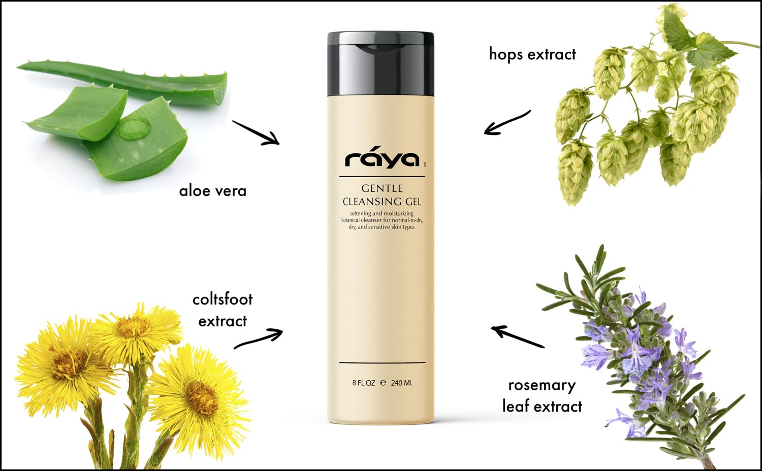 Raya Gel Doux Nettoyant Visage 8 oz, perspective mousse légère pour nettoyer en douceur.