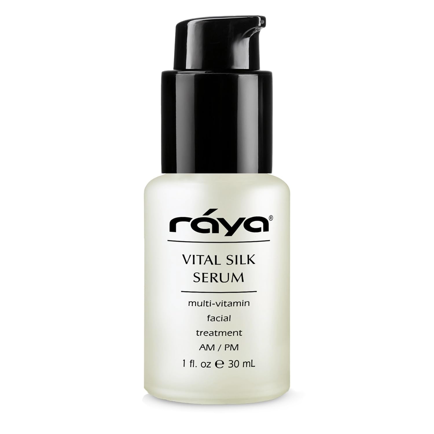 Raya Vital Silk Serum montre la bouteille-pompe pour une application facile et rapide.