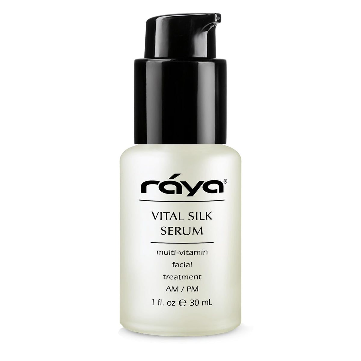 Raya Vital Silk Serum montre la bouteille-pompe pour une application facile et rapide.