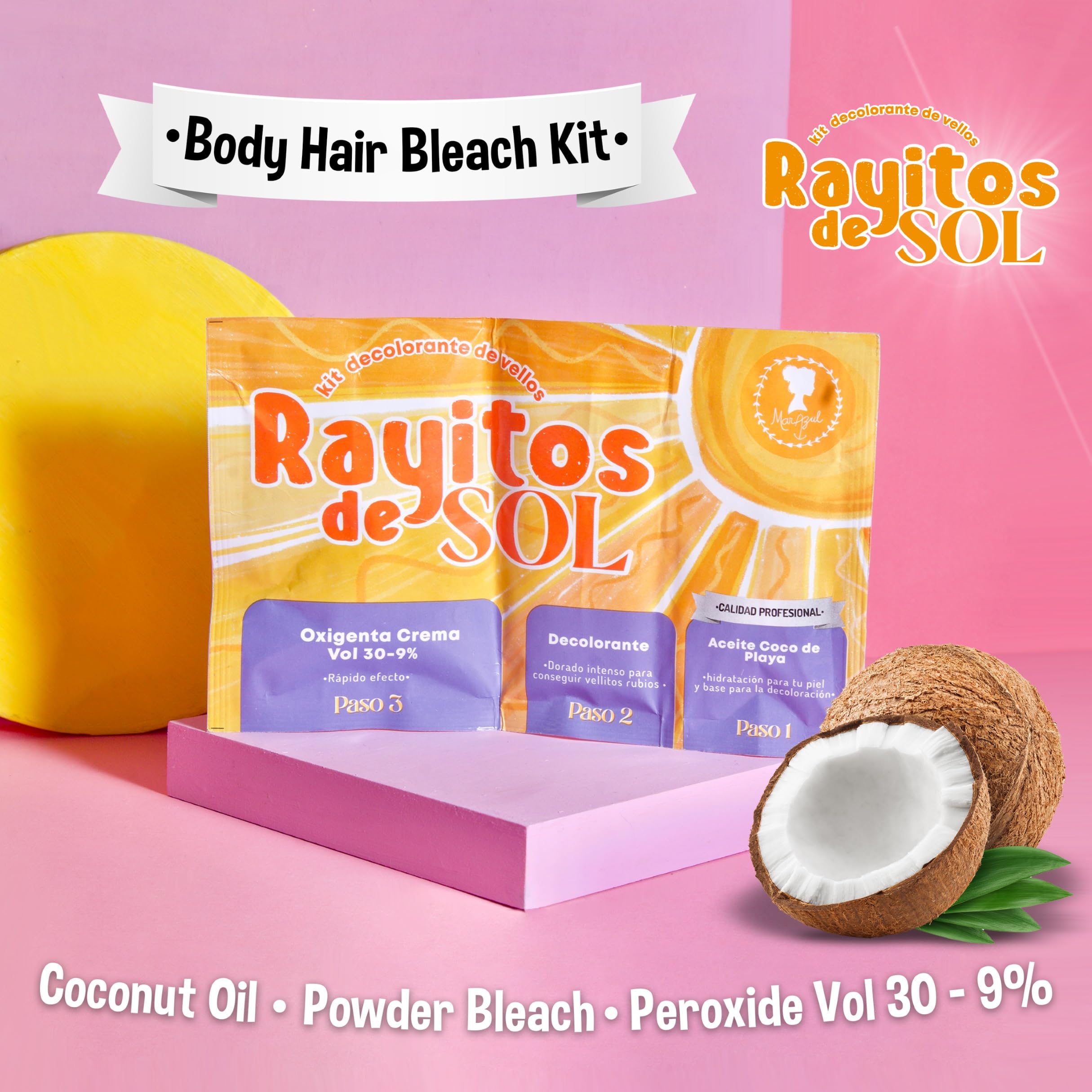Huile de coco Rayitos de Sol protégeant et nourrissant la peau pendant la décoloration.