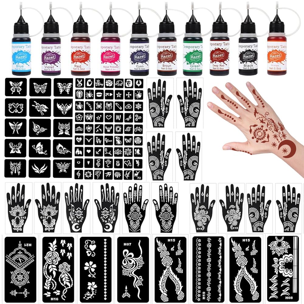 RAZET kit tatouage temporaire avec 10 colorants, prêt pour des designs vibrants.