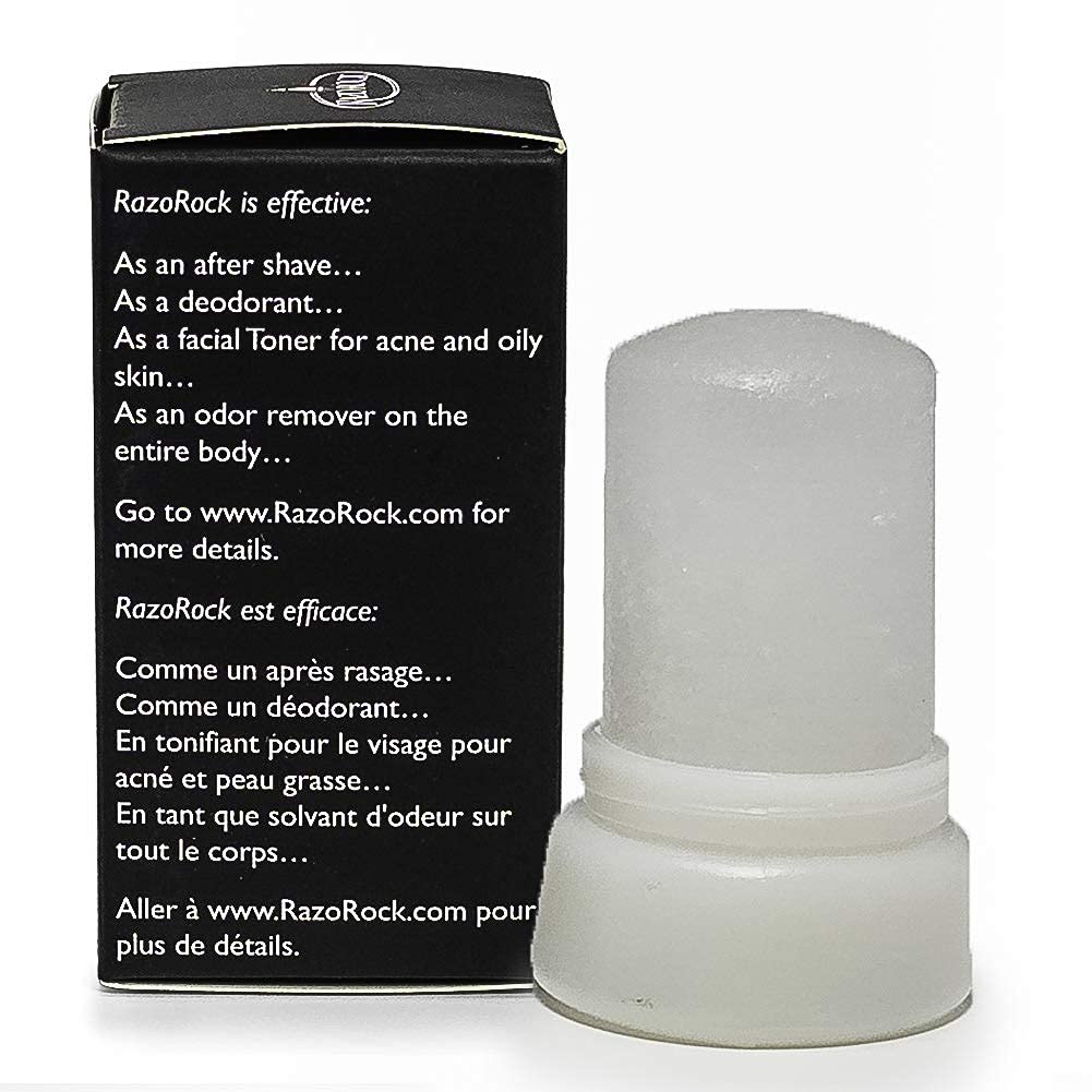 RazoRock Stick d'alun utilisé comme déodorant naturel jusqu’à 24 heures.