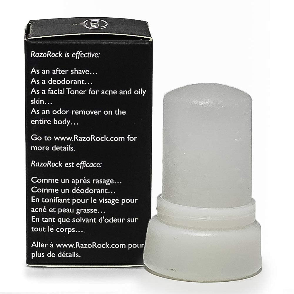 RazoRock Stick d'alun utilisé comme déodorant naturel jusqu’à 24 heures.