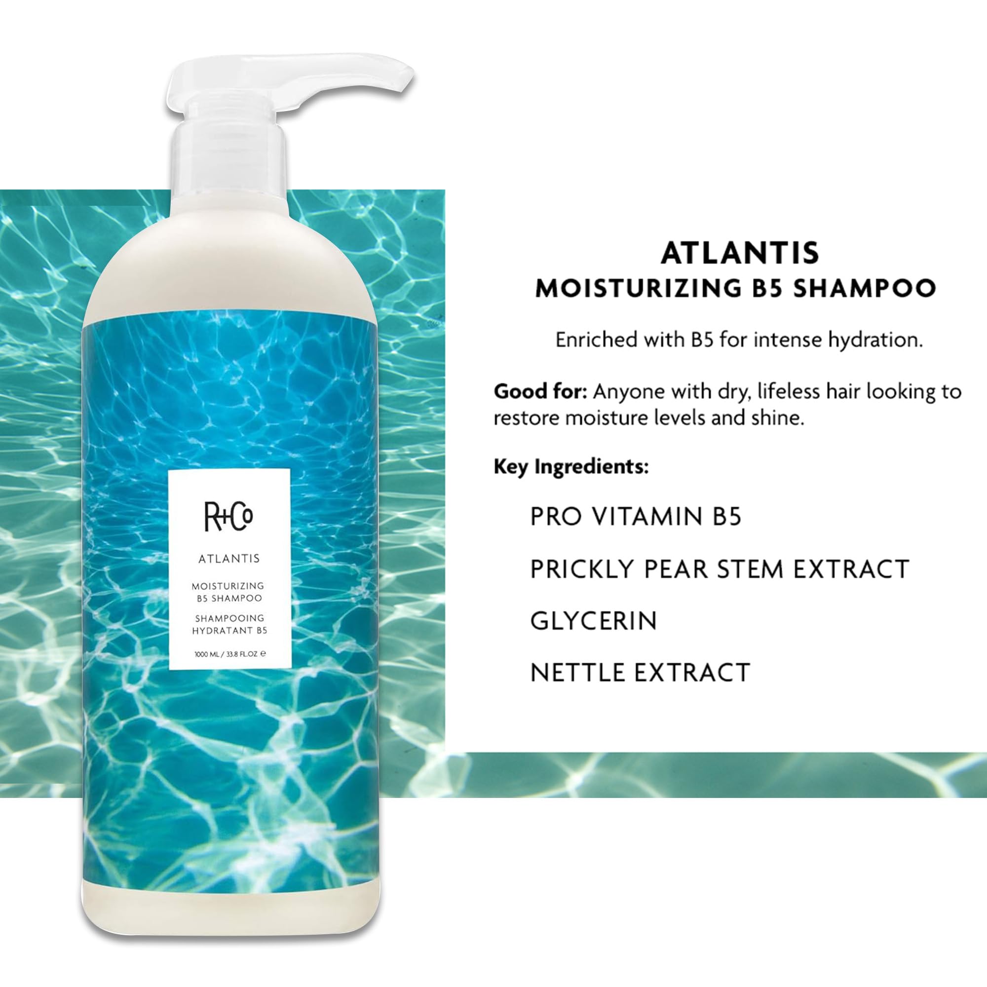 R+Co Atlantis Après-shampoing dans flacon assorti, démêlage facilité et brillance naturelle.
