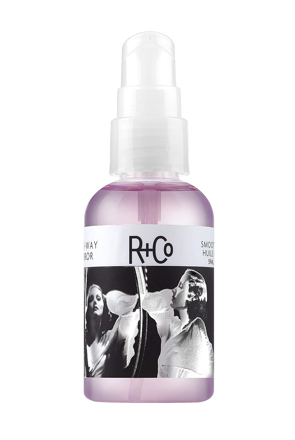 R+Co huile lissage miroir deux voies sur bouteille, offre brillance sans alourdir les cheveux.
