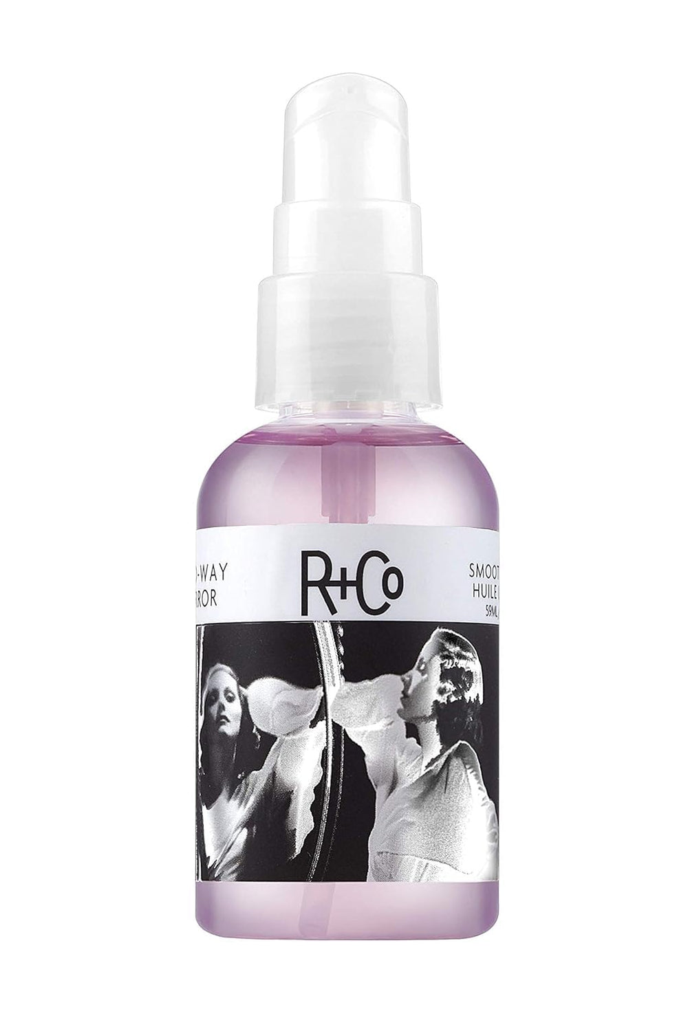 R+Co huile lissage miroir deux voies sur bouteille, offre brillance sans alourdir les cheveux.