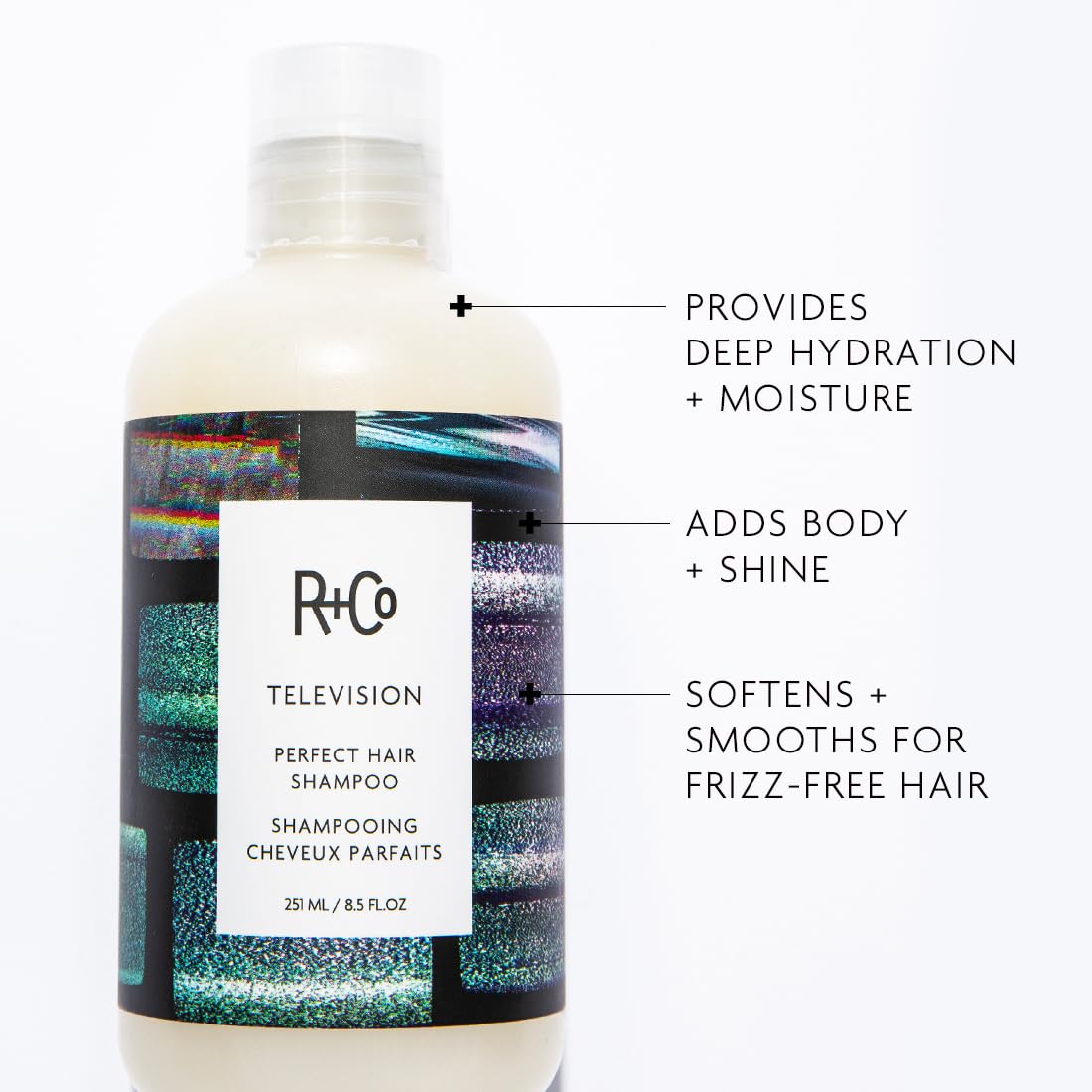 Shampooing R+Co Télévision, cheveux brillants après lavage.