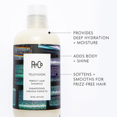 Shampooing R+Co Télévision, cheveux brillants après lavage.