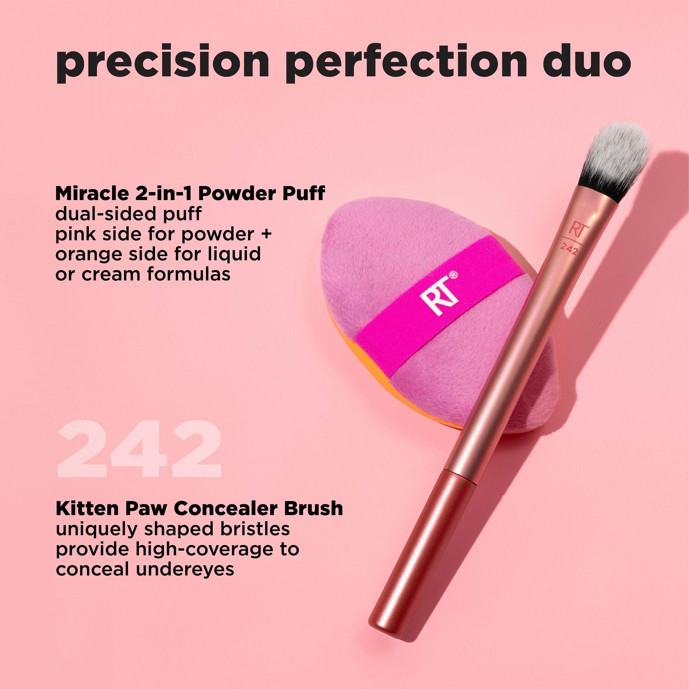 Real Techniques pinceau concealer patte-chat précision, couvrance homogène.
