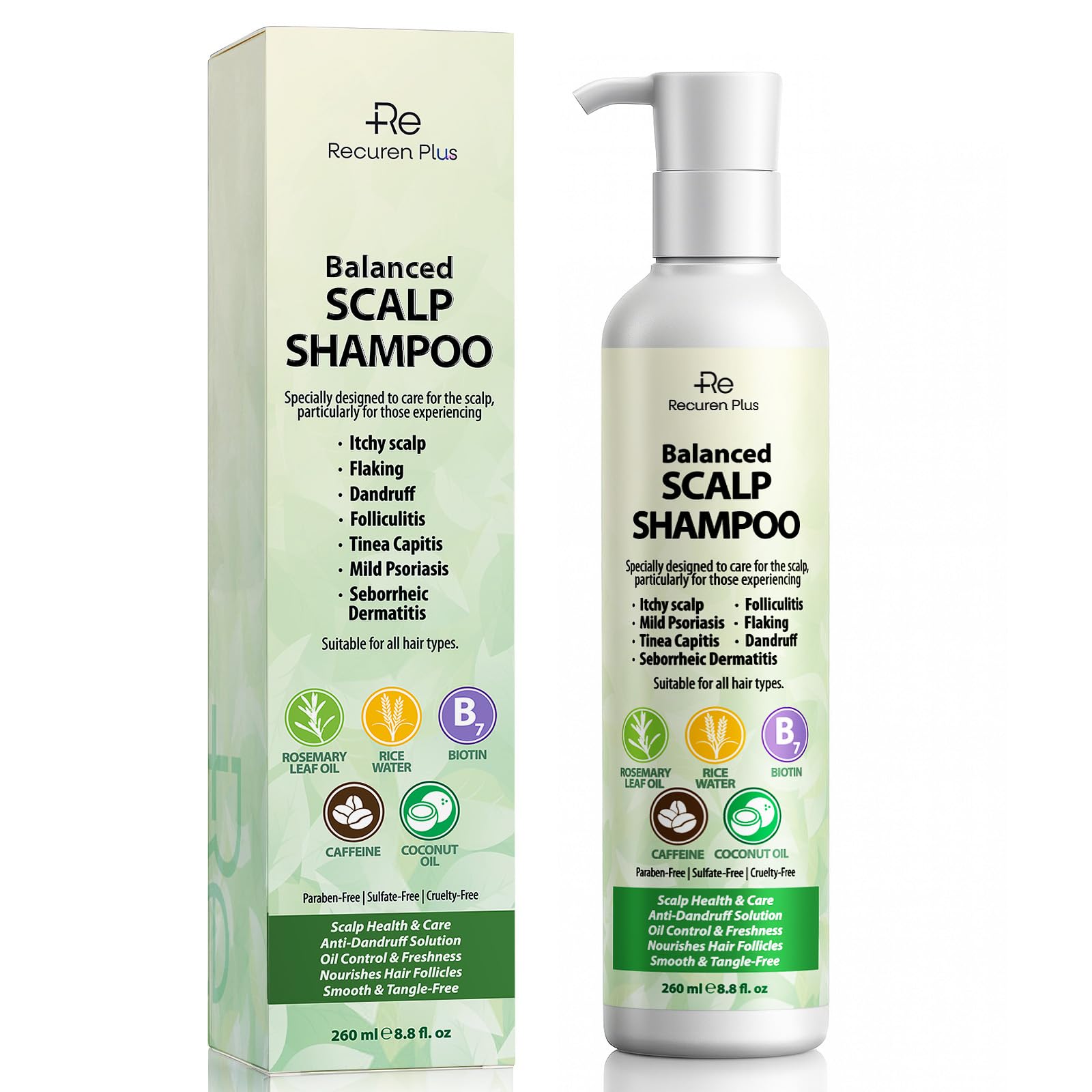 Shampoing antifongique Recuren Plus, bouteille mise en avant, réduction possible des pellicules.