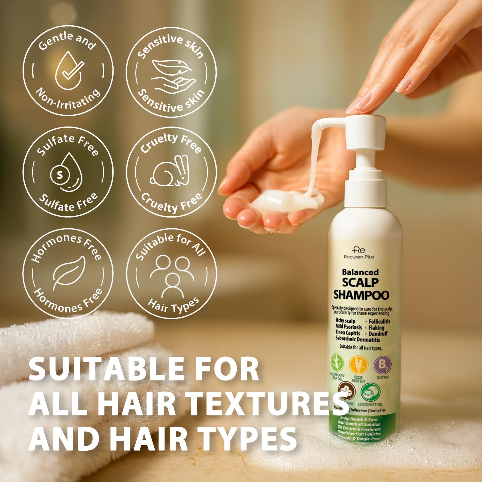 Étiquette verte du shampoing Recuren Plus, mise en avant des bénéfices pour la routine.