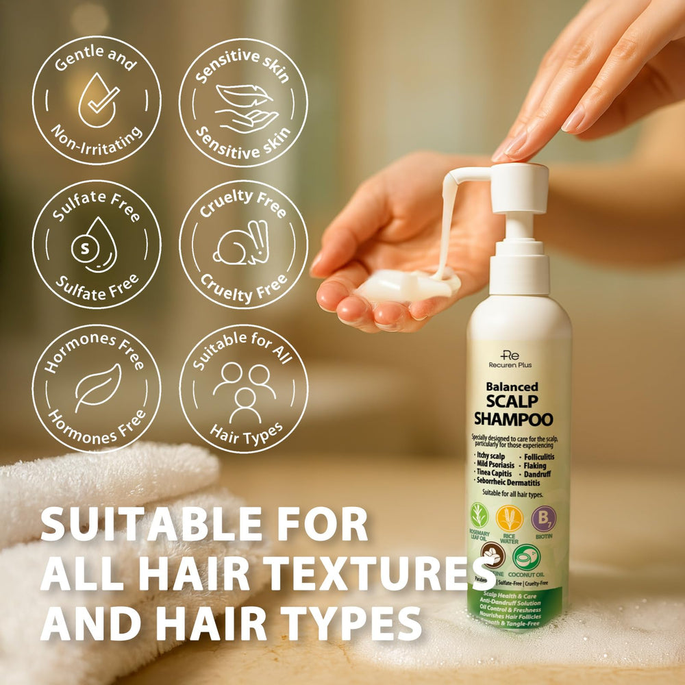 Étiquette verte du shampoing Recuren Plus, mise en avant des bénéfices pour la routine.