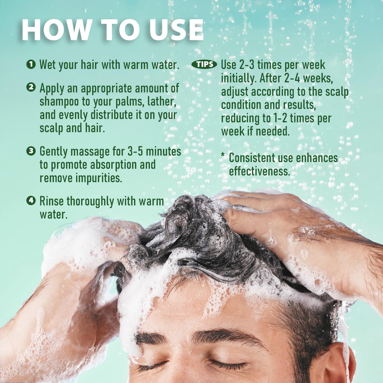 Rinçage du shampoing Recuren Plus, cheveux propres et cuir chevelu rafraîchi.