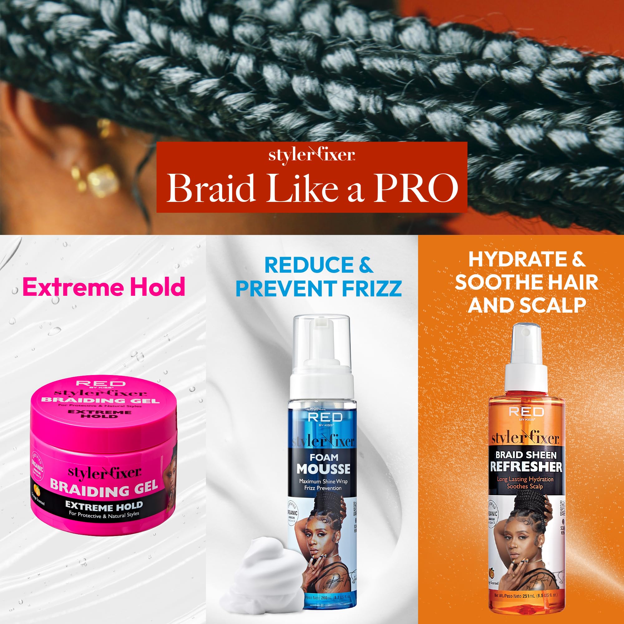 Gel braiding Red by Kiss avec ricin noir jamaïcain biologique et miel nourrissant.