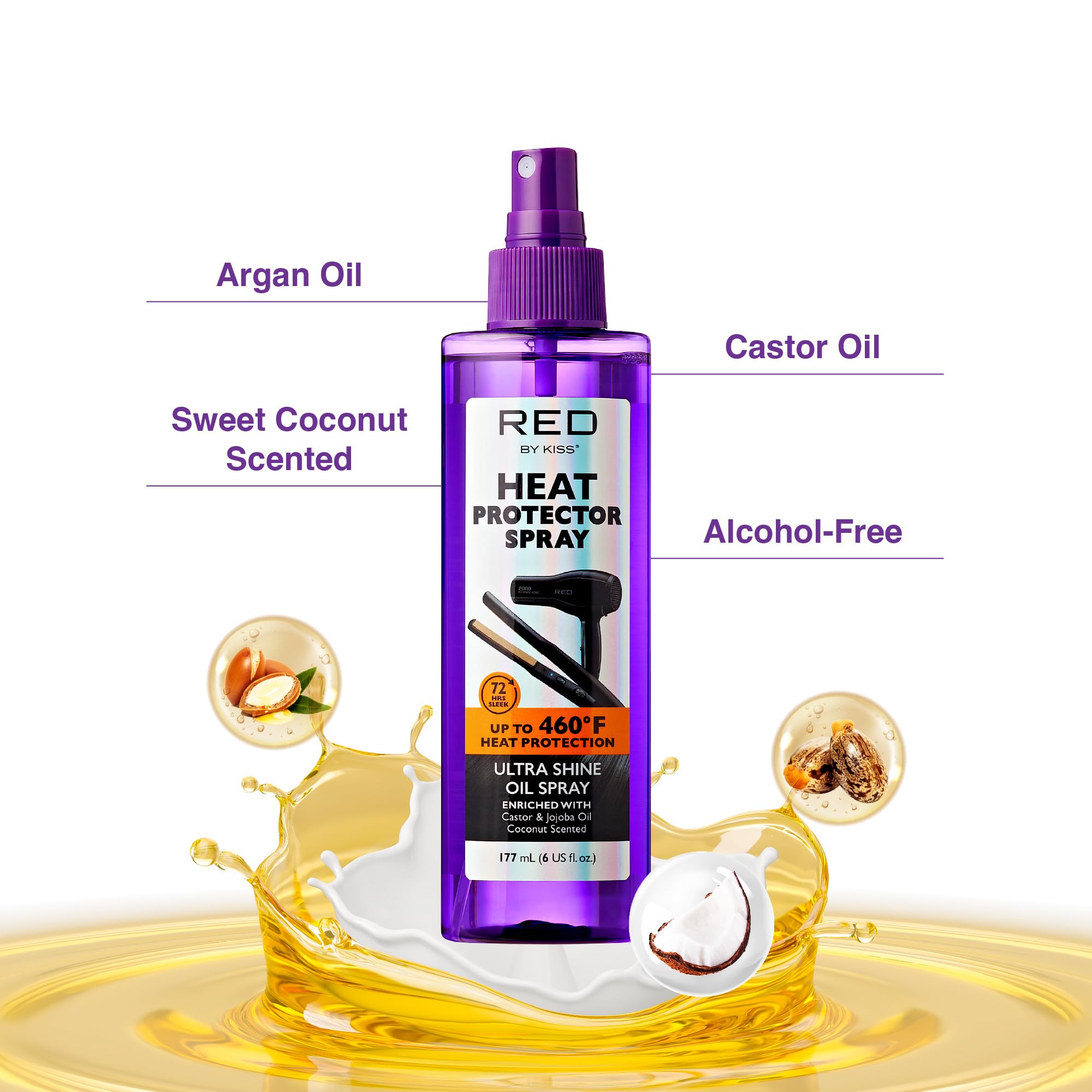 Red by Kiss, bouteille: huile naturelle riches en ricin et coco pour nourrir en profondeur.