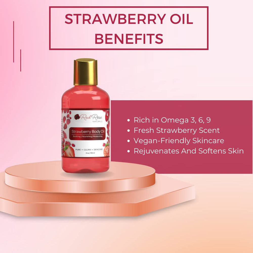 Red Rose Naturals – texture huile corporelle fraise sur peau, douceur nourrissante.